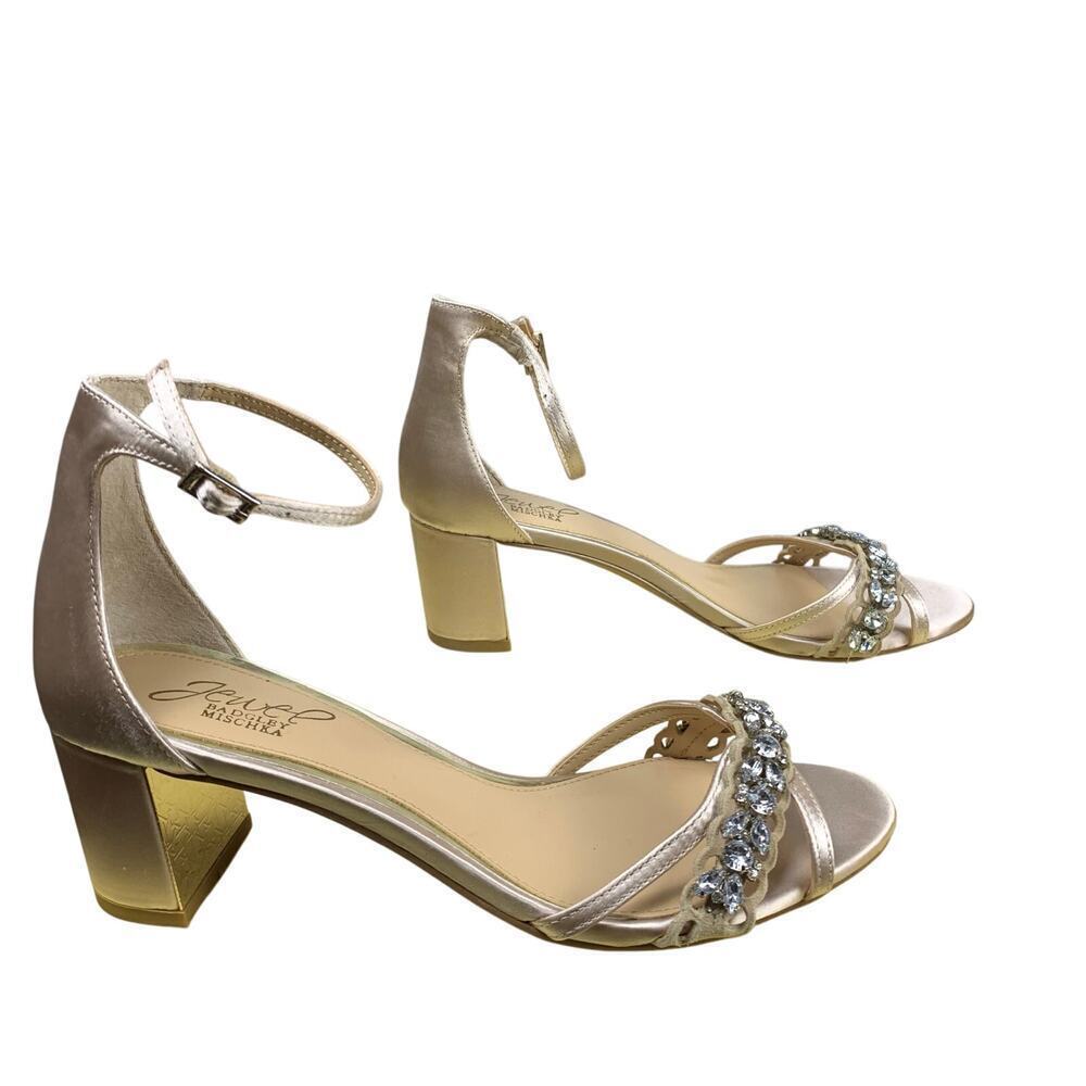 Jewel Badgley Mischka Giona Champagne Satin Rhinestone Dress Sandals 7.5 - Picture 4 of 8